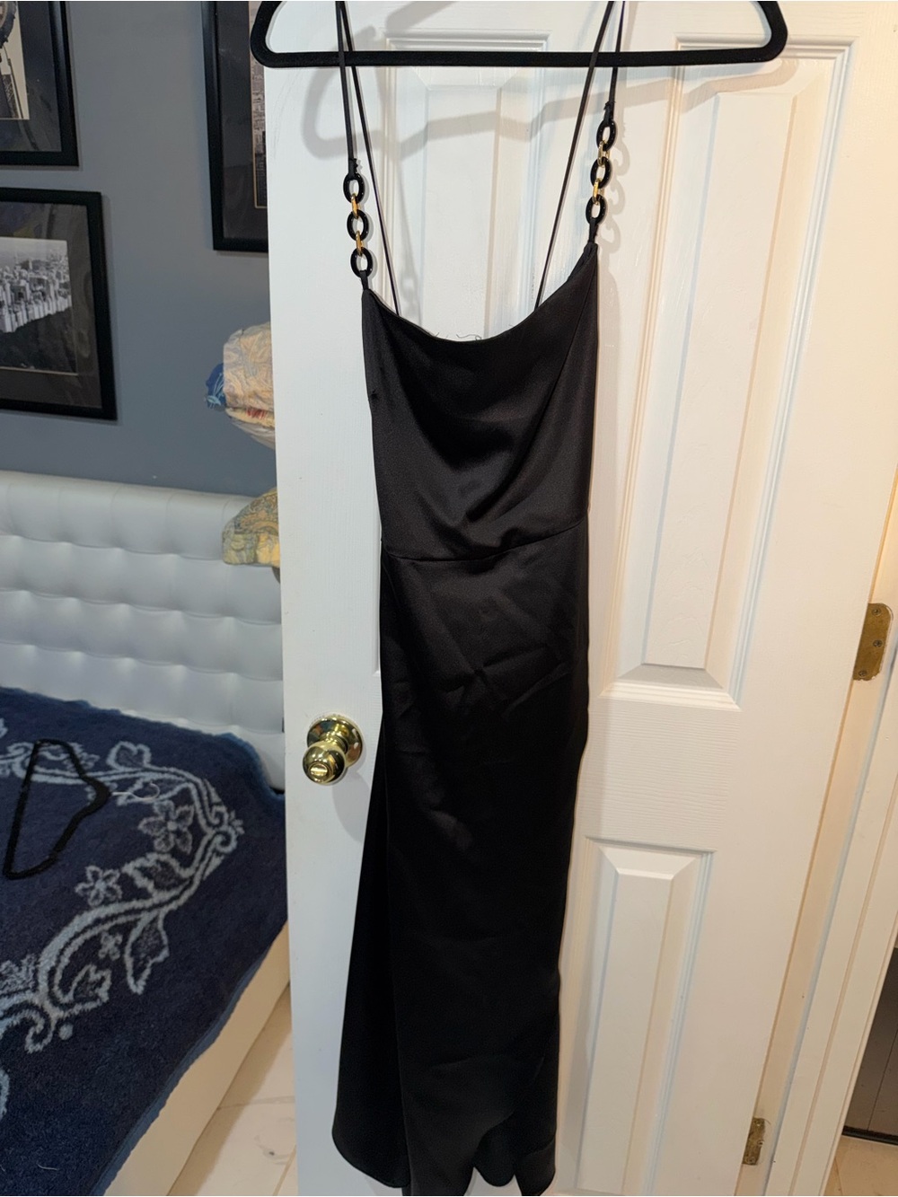 Zara Satin Black Cowl Neck midi Slip Dress with gold Chain Accent - never worn